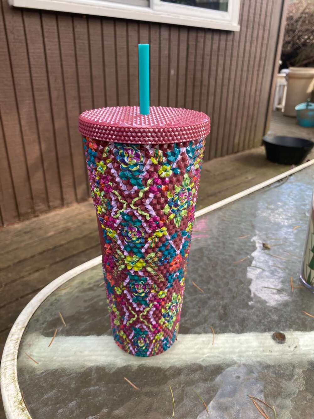 Starbucks Fall 2025 Studded Floral Print Bling 24 oz Cold Cup Tumbler New Pink